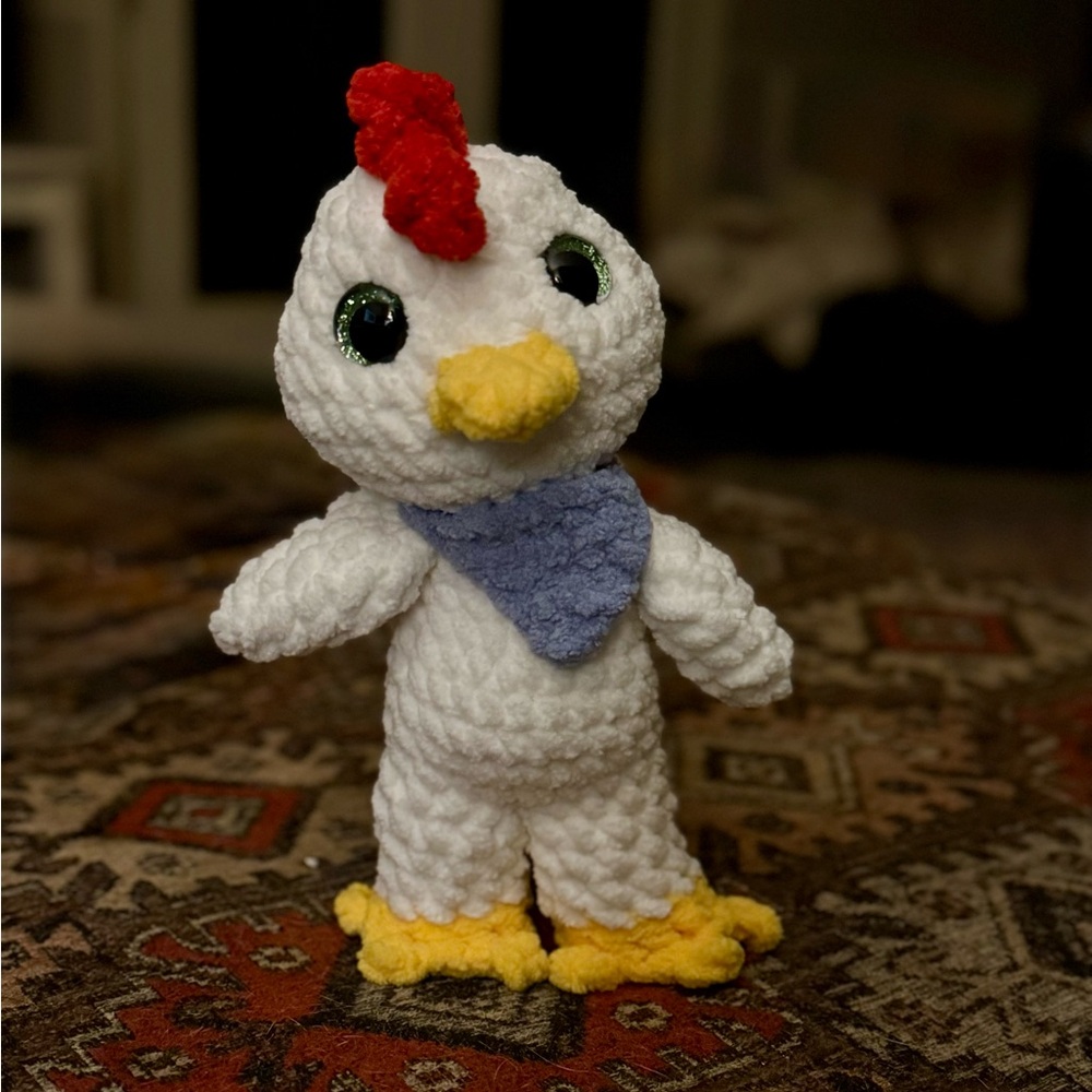 Crocheted White Plush Crochet Chicken Hen Rooster with Red, Yellow & Blue